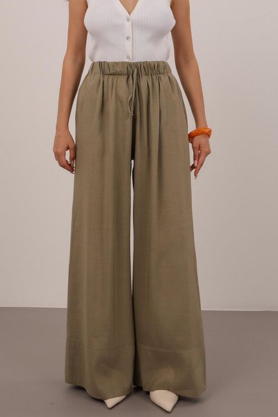 FACETTE Women's Khaki Leg Detail Linen Trousers