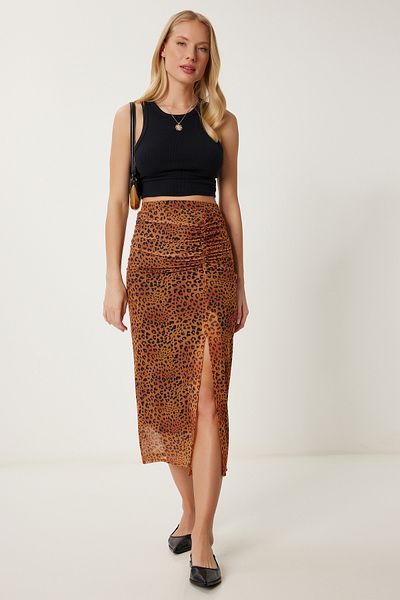 Happiness İstanbul Damen-Rock aus dehnbarem Chiffon mit Schlitz und Leopardenmuster in Camel CR00490