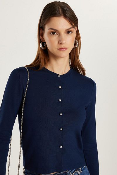 Tudors Cardigan de damă, cu croială standard, cu decolteu normal, albastru bleumarin