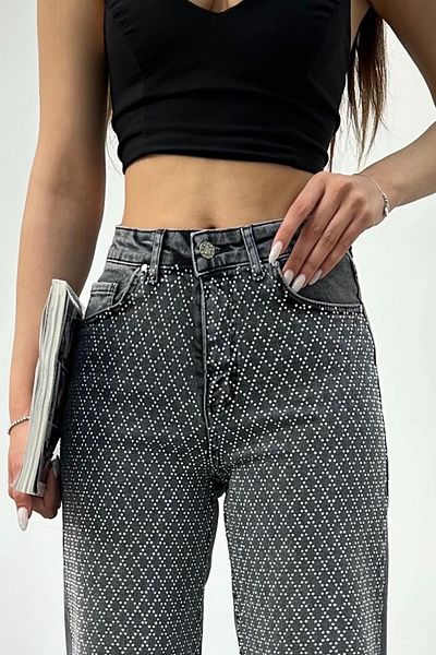 BİKELİFE Women's Smoked High Waist Mini Diamond Stone Lycra Straight Jeans