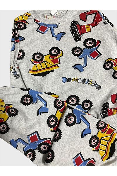 tusem butik homewear Boy's Cotton Gray Work Machine Scoop Pattern Long Sleeve Pajama Set