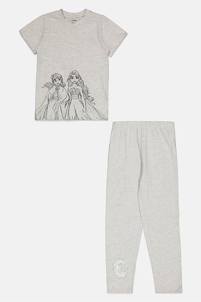 Disney Frozen Toddlers Girl 2 Pcs Graphic Print Top And Bottom Pajama Set, Grey