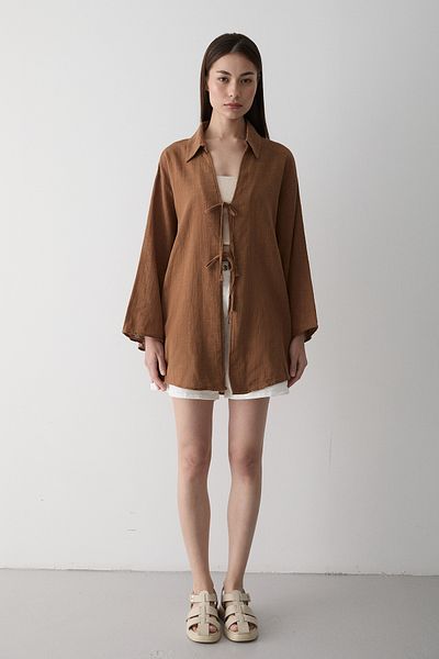 Laluvia Braune Kimono-Bluse aus 100 % Leinen mit Schnürung