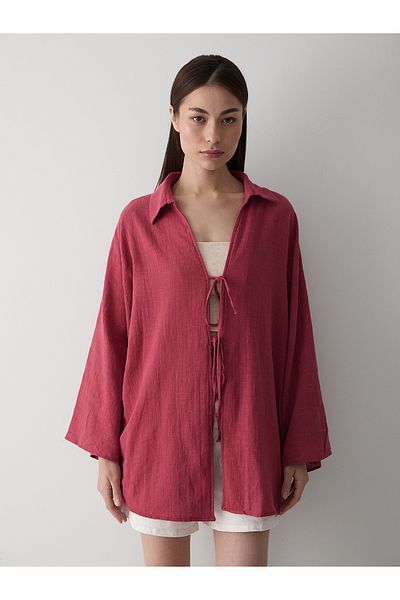Laluvia Burgunderrote Kimono-Bluse aus 100 % Leinen mit Spitzendetail – 5218