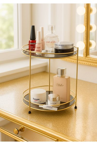 HOMİNG Gold Metal 2 Layer Plexiglass Homing Cosmetic Organizer