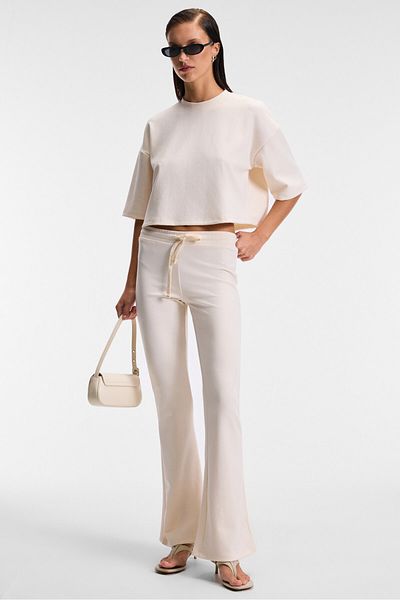 GRIMELANGE Ashera Women's Stretchy Fabric Wide Leg Slim Fit Beige Sweatpants