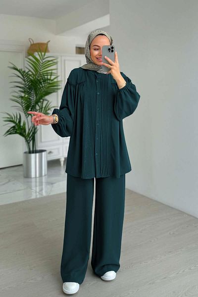 Ka Hijab بدلة بتفاصيل طيات لامعة - بترولي