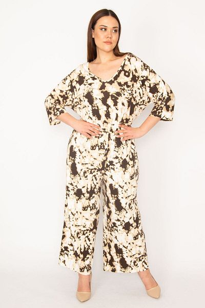 Şans Women's Large Size Brown Tie-Dye Patterned Wide-Leg Jumpsuit with Elastic Waist Part and Pocket Detail 65n32913