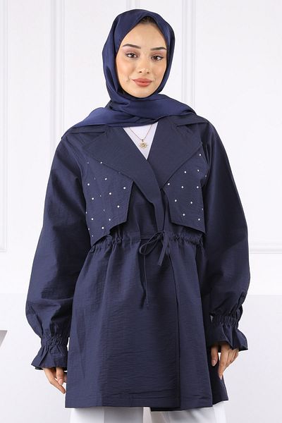 İmajButik Navy Blue Double Breasted Collar Front Stone Jacket