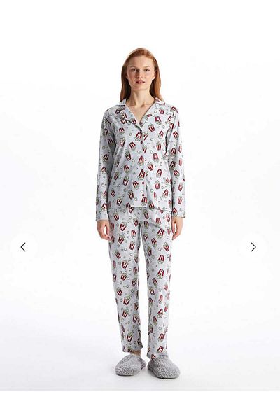 LC Waikiki Lcw Young Gray Shirt Collar Printed Long Sleeve Women's Pajamas Set