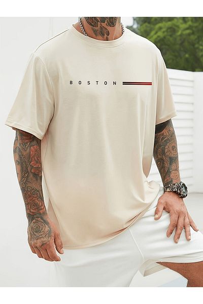 Sweetline Tricou Bej din Jersey Imprimat Boston - Tricou Oversize cu Gât Crew
