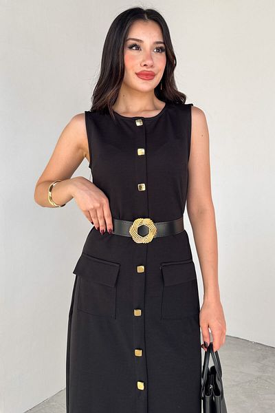 Cappmoda ELB-01800 فستان أسود بحزام وأزرار وجيوب وأكمام طويلة