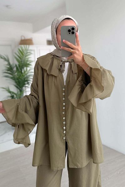 Ka Hijab طقم مبطن بياقة الطفل - كاكي