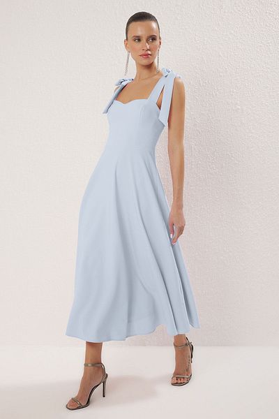 Trendyol Collection Light Blue A-Cut Strap Fastening Detailed Woven Midi Elegant Evening Dresses Evening Graduation Dress TPRSS24EL00251