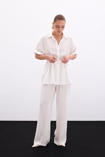 Sateen Waist Drawstring Detailed Shirt - Ecru