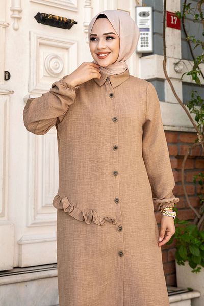 Tesettür Dünyası Tunika lniana z falbanką z boku i zapięciem na guziki Tsd240506 Camel