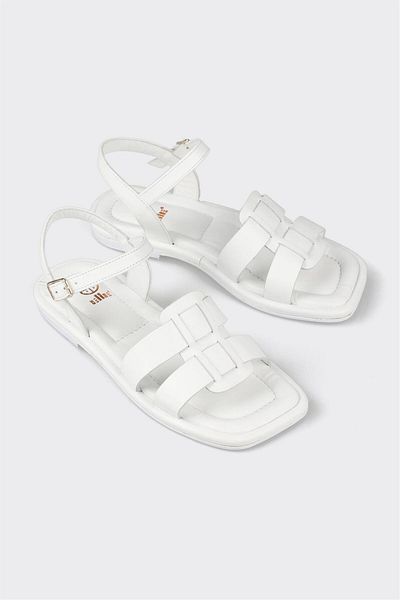 Elle Shoes صندل نسائي مسطح من الجلد الأبيض