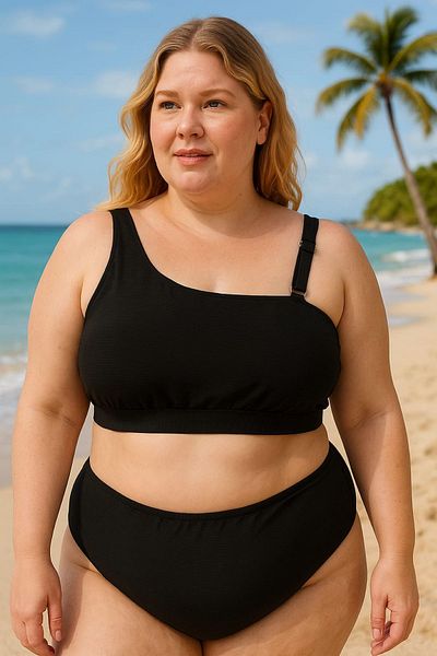 enmodaiçgiyim Black One Shoulder Plus Size Women's Bikini Top – Stylish, Unpadded, Ribbed Texture