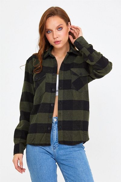Tarz Cool Cămașă lumberjack în carouri slim fit kaki-negru pentru femei-kkkodg001r08s