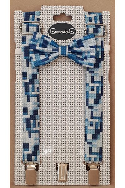 SuspenderS طقم بنطلون وربطة عنق مطبوعة باللون الأزرق للأولاد