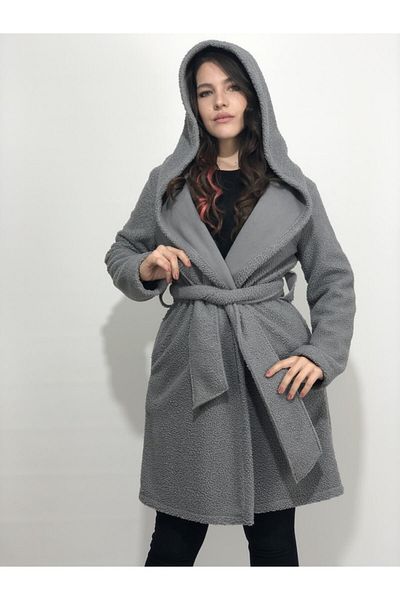 AYHAN Women's Gray Teddy Belted Coat