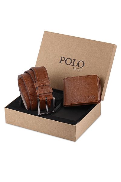 POLO Rucci مجموعة هدايا محفظة بحزام بلون بني للرجال