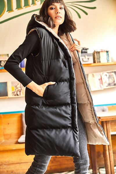 Olalook Schwarz-beige doppelseitig gepolsterte Webweste mit Kapuze für Damen YLK-19000013