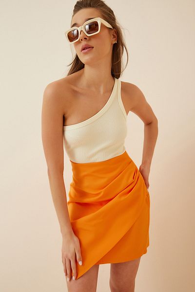 Happiness İstanbul Orangefarbener drapierter gewebter Minirock für Damen JH00043