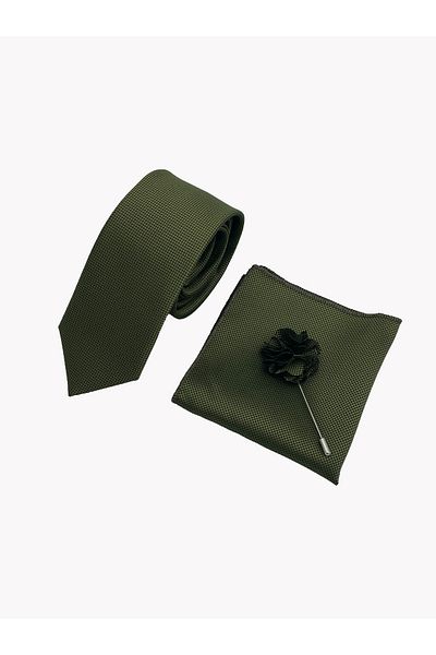 Brianze Khaki Green Necktie Handkerchief Collar Flower Set