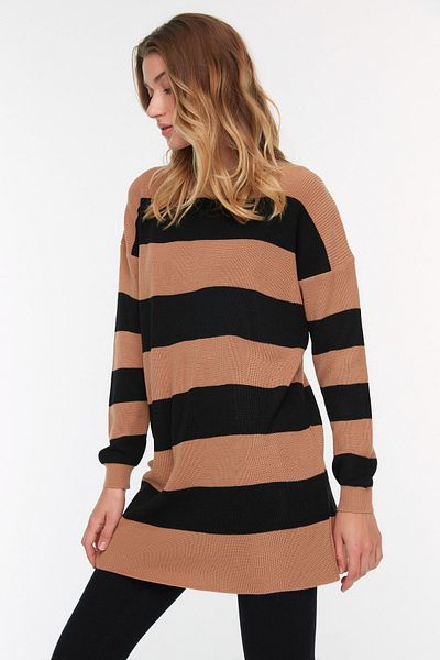 Trendyol Modest Кафяв плетен пуловер на райета TCTAW22AK0131