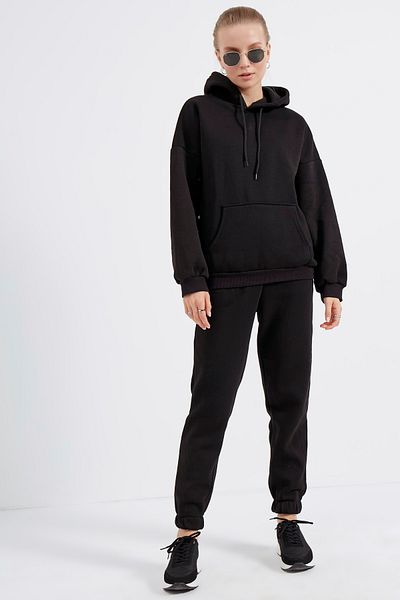 MEECY Set de trening oversize din lână cu glugă neagră pentru femei
