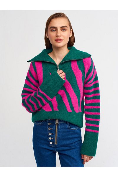Dilvin 10282 Pullover mit Trucker-Kragen und Reißverschluss, Smaragdgrün, F.