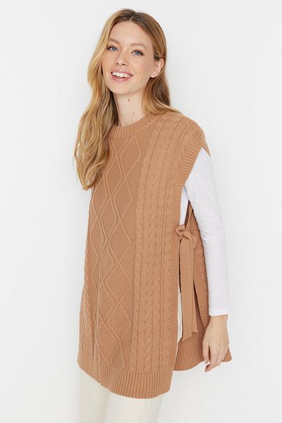 Trendyol Modest Mink Waist Tie Braided Knitwear Sweater TCTAW22UV0018