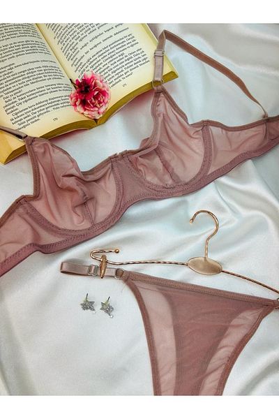NurPeri İç Giyim Women's Unsupported Underwire, Dusty Rose Transparent Tulle Wire Type and String Type Panties Set