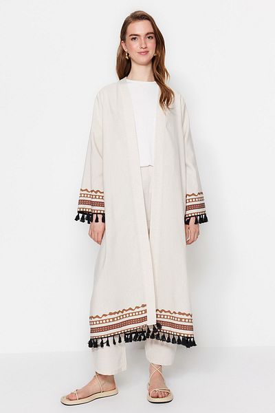 Trendyol Modest Beżowa mieszanka bawełny we wzorzyste etniczne długie tkane kimono i kaftan TCTSS23KK00012