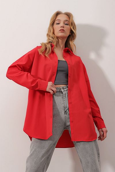 Trend Alaçatı Stili Női piros Oversize hosszú szőtt ing ALC-X6828