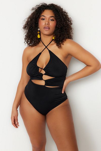 Trendyol Curve Czarny wycięty detal Halter Neck Plus Size Swimsuit Tbbss23Am00016