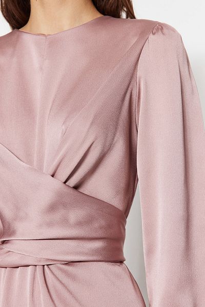 Trendyol Modest Pink Satin Evening Dress with Cross Tie Detail TCTAW22EB0105