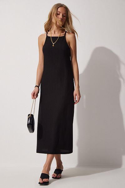 Happiness İstanbul Schwarzes langes Sommerstrickkleid mit Trägern für Damen DZ00078