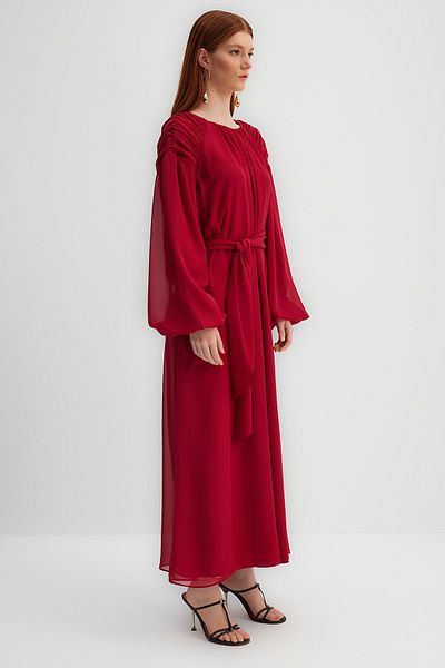 Trendyol Modest X Kevser Sarıoglu Fuchsia Shoulder Drape Detailed Belted Chiffon Evening Dress TCLSS23DB00005