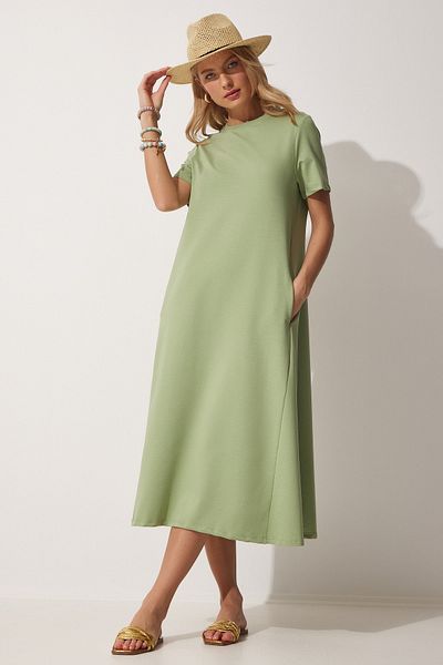 Happiness İstanbul Grünes A-Linien-Sommerkleid für Damen aus gekämmter Baumwolle UB00060