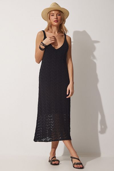 Happiness İstanbul Schwarzes, durchbrochenes Träger-Sommer-Strickkleid für Damen NF00044