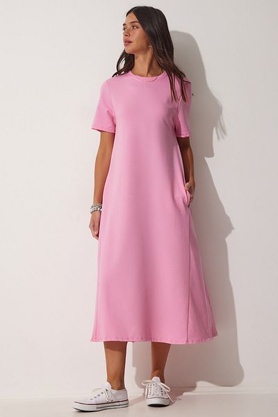 Happiness İstanbul Rosafarbenes A-Linien-Sommerkleid aus gekämmter Baumwolle für Damen UB00060