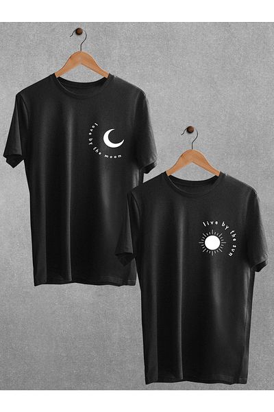 Pear Wear تي شيرت مطبوع عليه Moon Sun تي شيرت للزوجين عزيزي الزوجين بدلة Moon Sun أسود أبيض كبير الحجم للأزواج