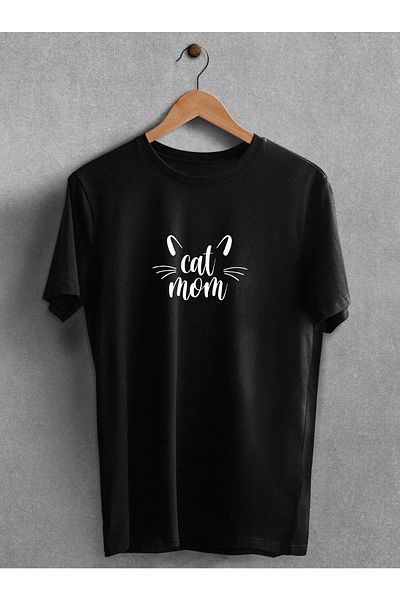 Pear Wear تي شيرت مطبوع عليه Cat Mom، أسود وأبيض، مقاس كبير برقبة دائرية، تي شيرت Cat Mom