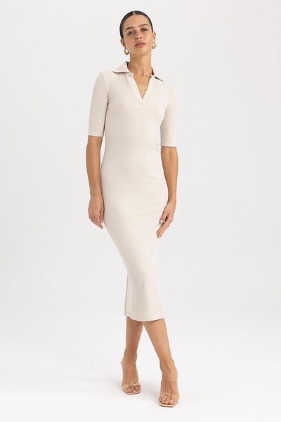 DeFacto Bodycon Polo s výstřihem, žebrovaná košilka Midi s krátkým rukávem A2096ax23sp