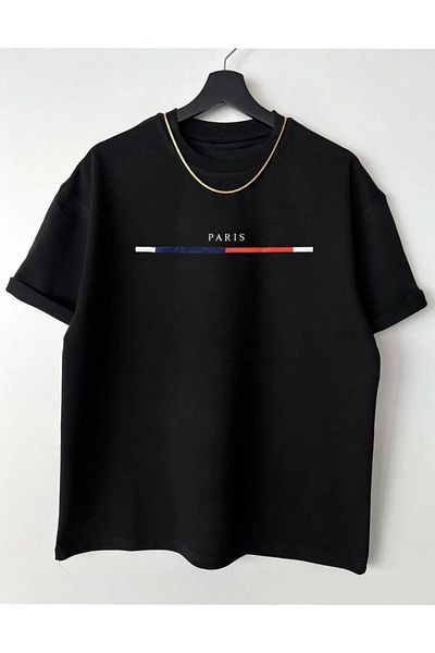 JDM Tricou negru pentru bărbați, subțire, cu dungi Paris, cu imprimeu supradimensionat, cu gât crew