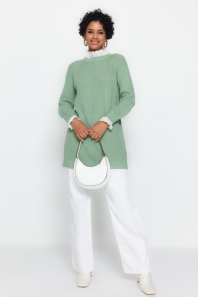 Trendyol Modest Пуловер от плетиво Selanik с детайли от ментов гипюр TCTAW24AK00126