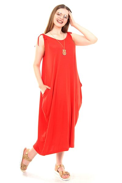 Moda Cazibe فستان نسائي فضفاض بحبل أحمر بحمالات جامبو M9199