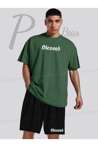 Pear Wear تي شيرت مطبوع كبير الحجم بقصة عادية طقم تي شيرت مزدوج